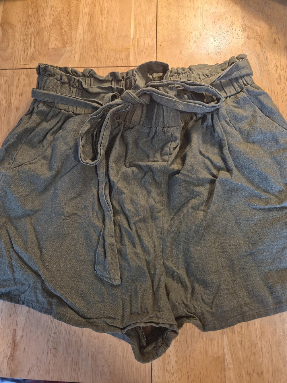 Women’s Olive Green Drawstring Paperbag Waist Shorts